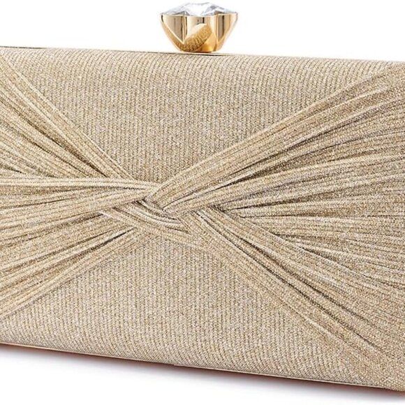 Women Dazzling Pleated Evening Clutch Bag Glitter Pleated Bow Handbag Wedding Pu - Picture 1 of 7